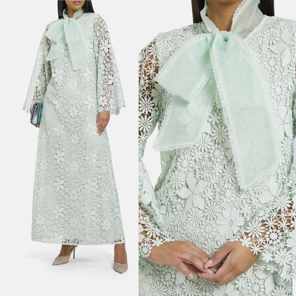 Self Portrait Guipure Mint Floral Lace Maxi Dress